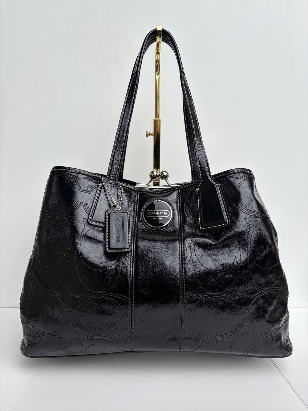 Vintage COACH F15658 Signature Stitched Black Patent Framed Tote Handbag Y2K